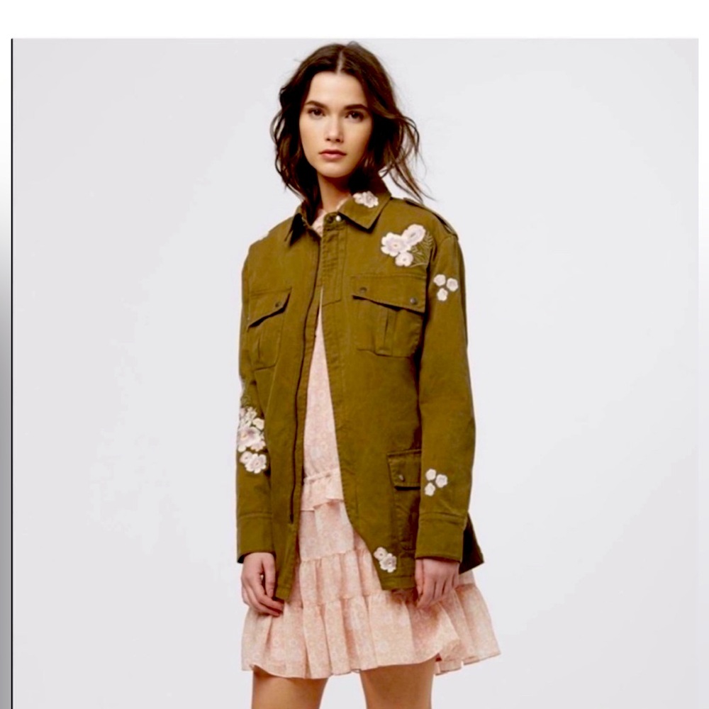Rebecca Minkoff Army Green Utility Jacket with Embroidered Flowers Size XS